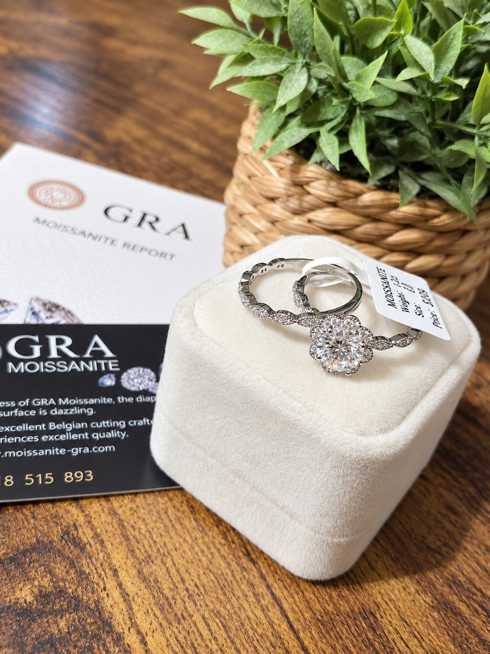 Silver 1.2ct Moissanite Petal Halo Engagement Ring Set, 2 Pieces, Sz 10l